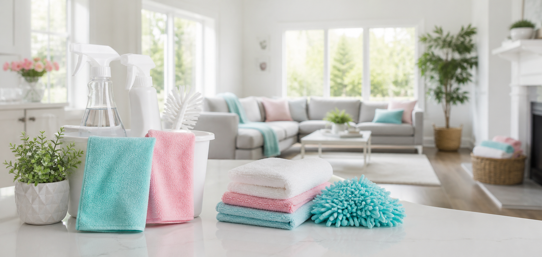 Bright clean home with professional cleaning supplies