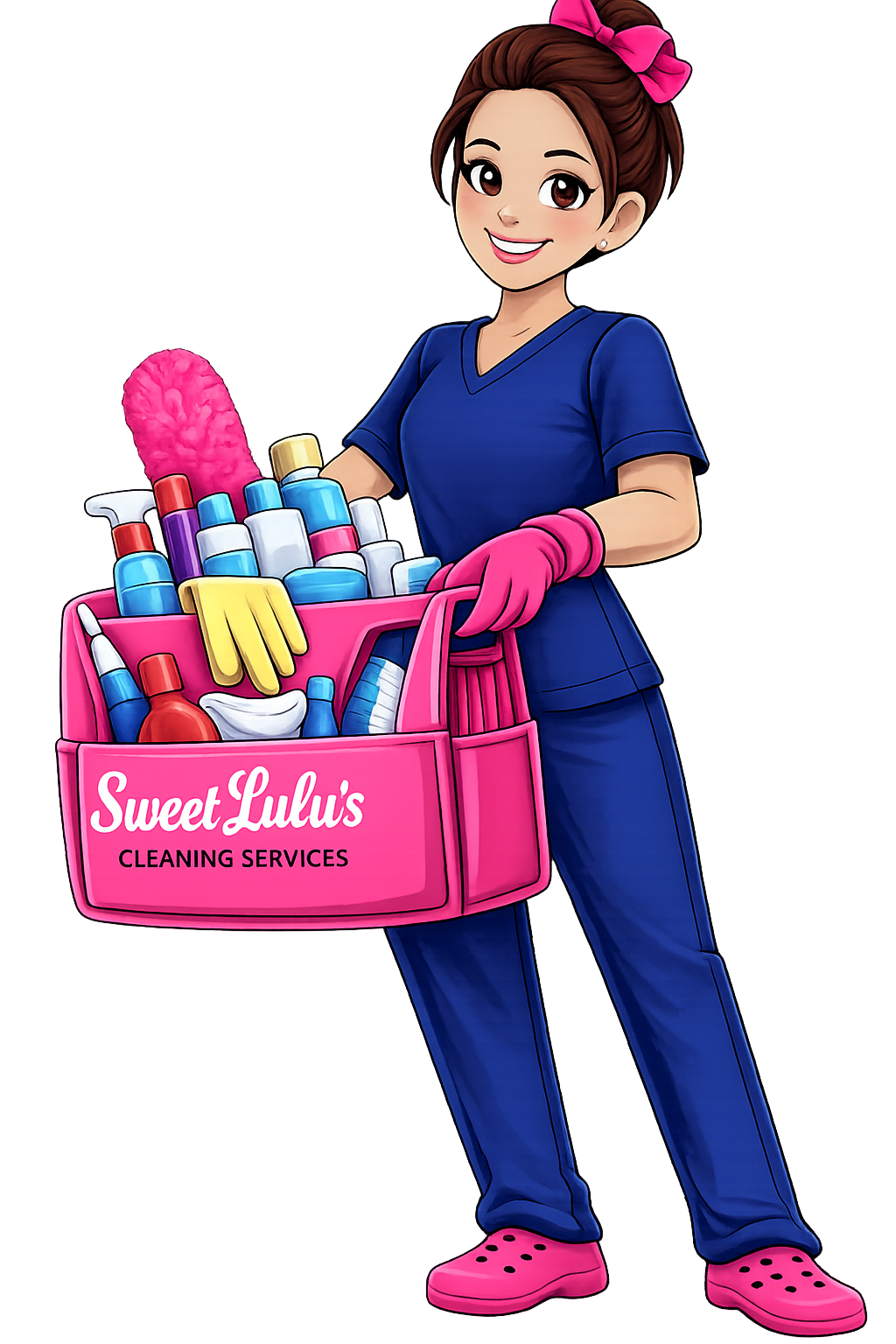 Sweet Lulu's cleaner holding professional cleaning supplies